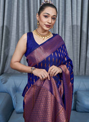Exquisite Royal Blue Banarasi Soft Silk Saree with Copper Zari Weaving