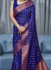 Exquisite Royal Blue Banarasi Soft Silk Saree with Copper Zari Weaving