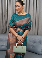 Exquisite Teal Blue Banarasi Soft Silk Saree with Copper Zari Weaving