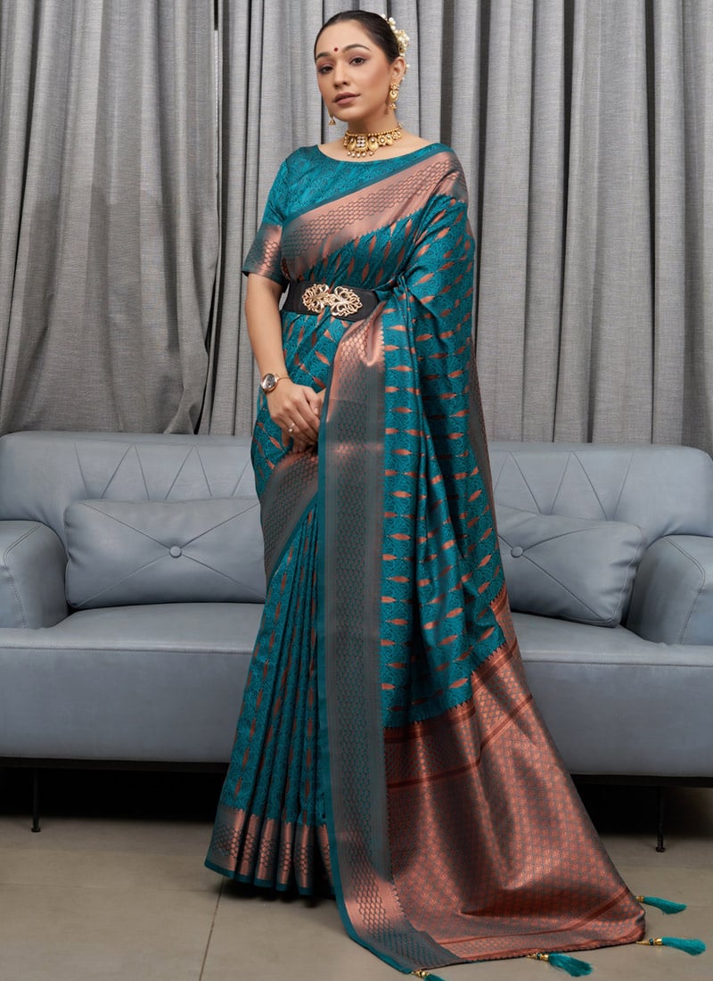 Exquisite Teal Blue Banarasi Soft Silk Saree with Copper Zari Weaving