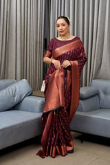 Exquisite Wine Banarasi Soft Silk Saree with Copper Zari Weaving