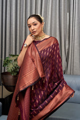 Exquisite Wine Banarasi Soft Silk Saree with Copper Zari Weaving