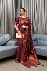 Exquisite Wine Banarasi Soft Silk Saree with Copper Zari Weaving