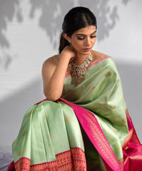 Pista Color Banarasi Soft Silk Saree with Gold Zari Weaving