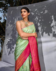 Pista Color Banarasi Soft Silk Saree with Gold Zari Weaving