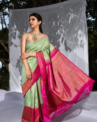 Pista Color Banarasi Soft Silk Saree with Gold Zari Weaving