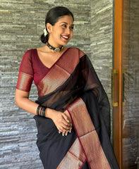 Exquisite Black Banarasi Soft Silk Saree