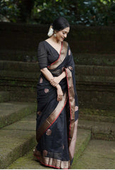 Black Banarasi Soft Silk Saree with Gold Zari Weaving