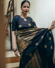 Navy Blue Banarasi Soft Silk Saree with Exquisite Copper Zari Weaving