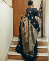 Navy Blue Banarasi Soft Silk Saree with Exquisite Copper Zari Weaving