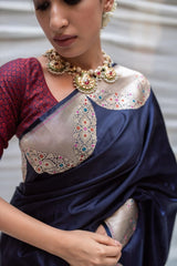 Ethereal Navy Blue Banarasi Soft Silk Saree with Silver Zari Weaving