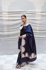 Ethereal Navy Blue Banarasi Soft Silk Saree with Silver Zari Weaving