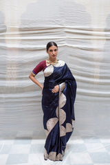 Ethereal Navy Blue Banarasi Soft Silk Saree with Silver Zari Weaving