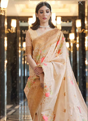 Copper Zari Weaving, Banarasi Soft Silk Peach Saree