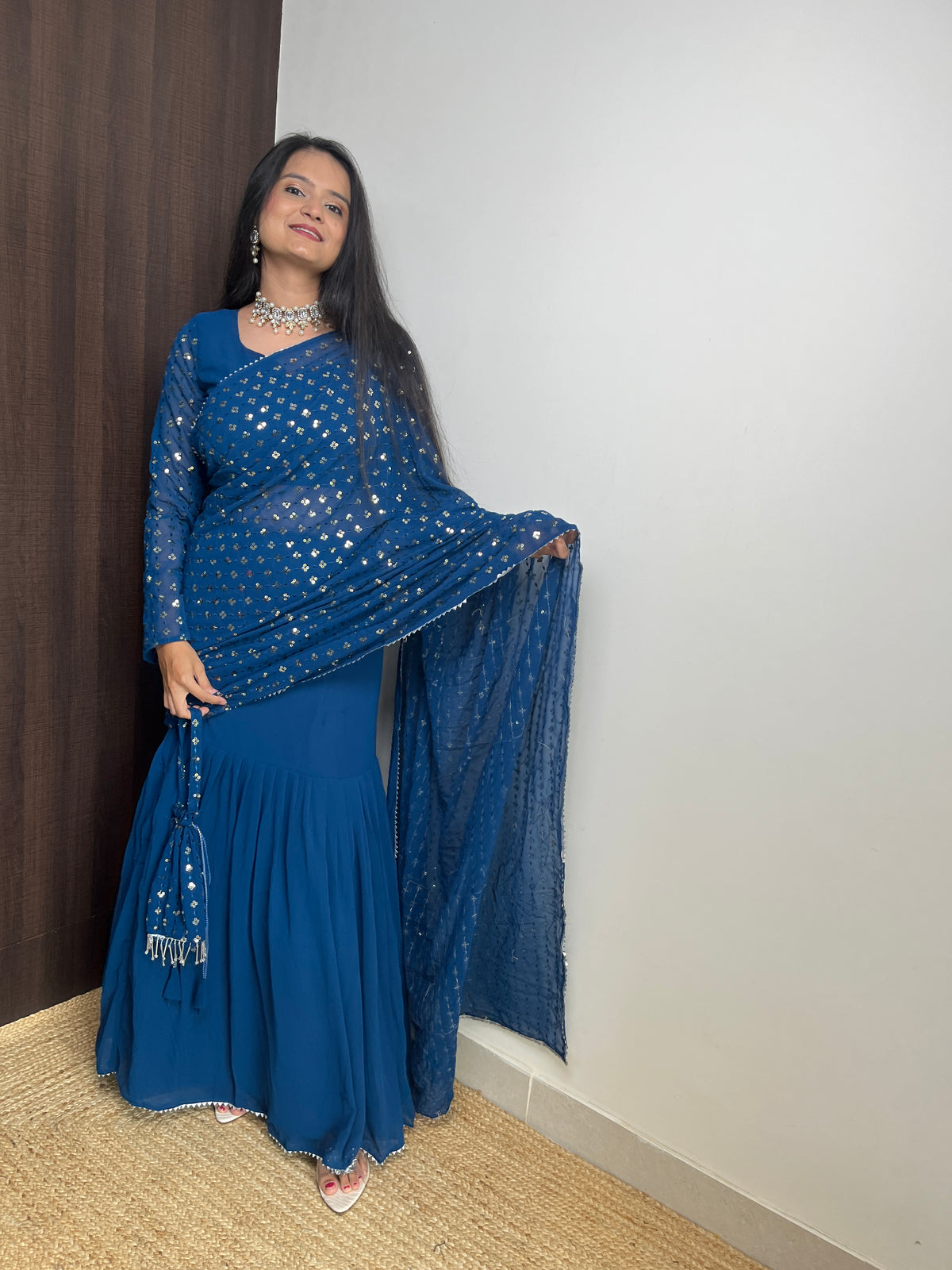 Blue Colour Beautiful Sequence Work Lehenga Saree