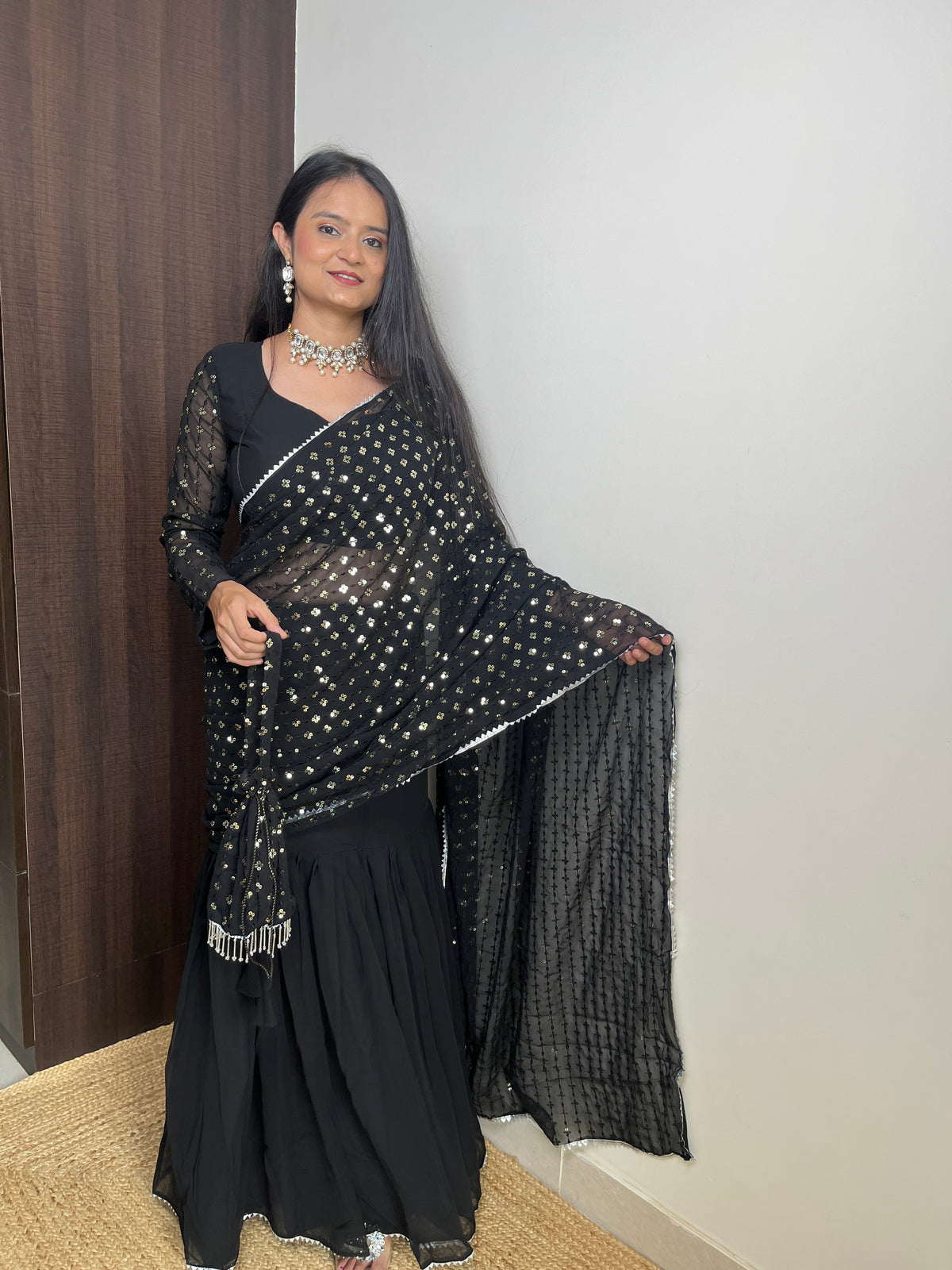 Black Colour Beautiful Sequence Work Lehenga Saree