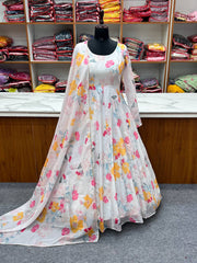 Flower Printed Organja Silk Anarkali Gown With Dupatta