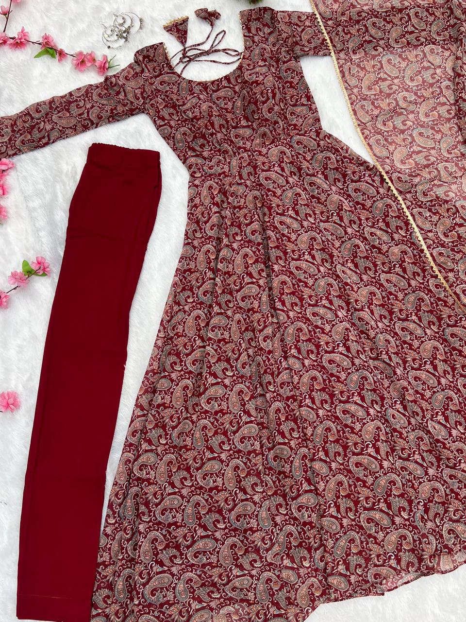 Maroon Georgette Kalamkari Printed Full Flair Anarkali Suit