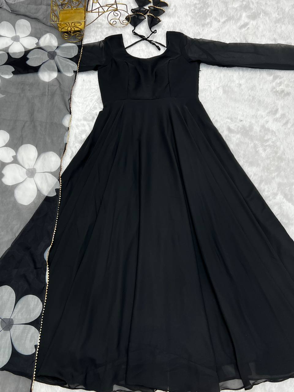 Black Georgette Casual Wear Plain Gown With Dupatta