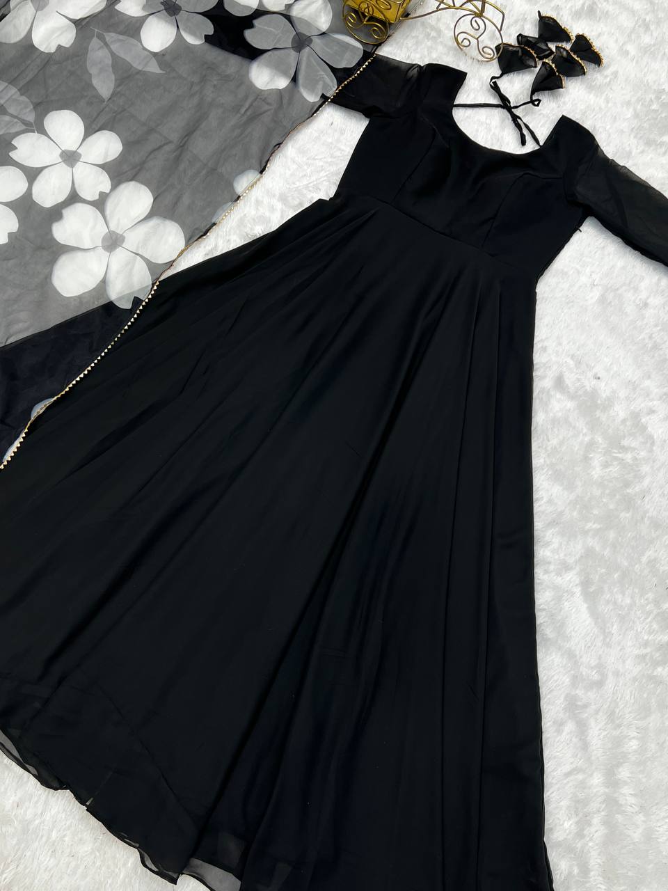 Black Georgette Casual Wear Plain Gown With Dupatta