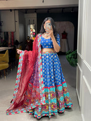 Blue Color Digital Silk Printed Lehenga Choli With Beautiful Net Dupatta