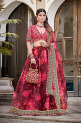 Red Color Floral Printed Organza Lehenga Choli