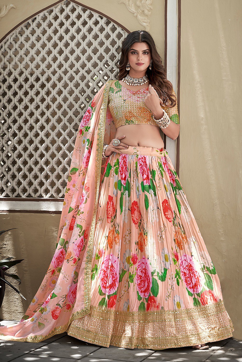 Peach Color Digital Print With Sequins Embroidery Work Crushed Chinon Lehenga Choli
