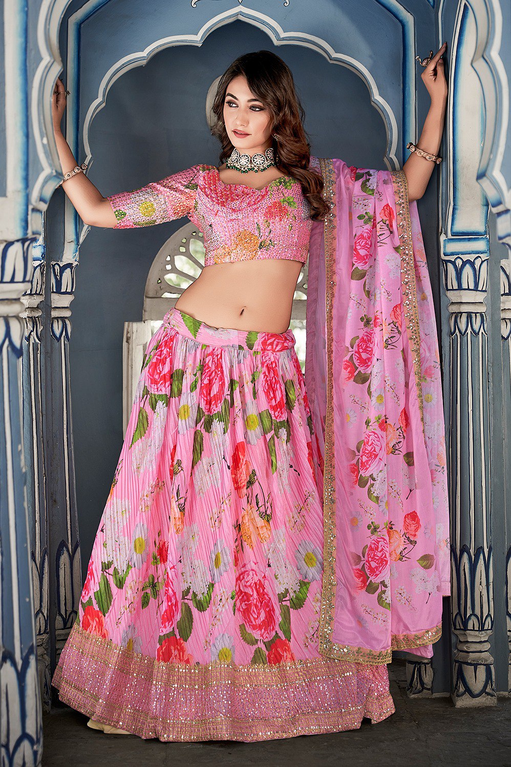 Pink Color Digital Print With Sequins Embroidery Work Crushed Chinon Lehenga Choli