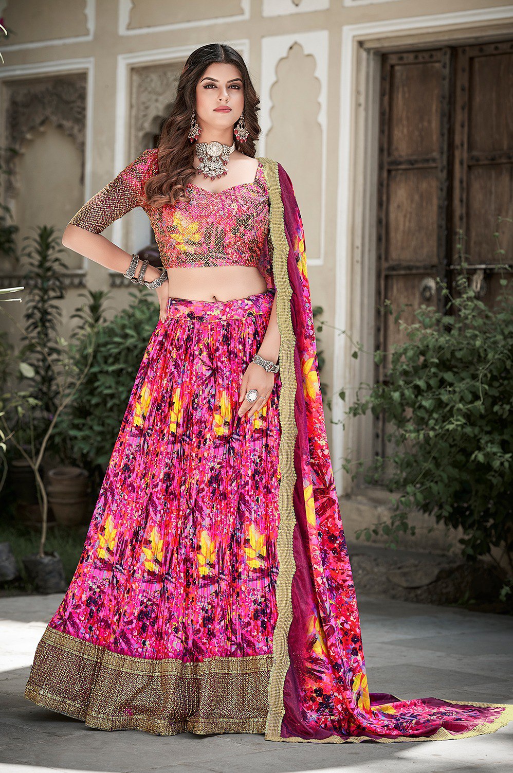 Crushed Chinon Pink Lehenga With Brightly Printed Sequins Work