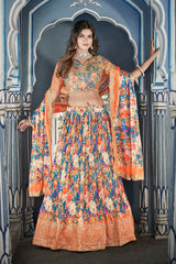 Crushed Chinon Lehenga With Brightly Printed Sequins Work
