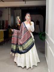 White Color Lucknowi Paper Mirror Work Georgette lehenga Choli With Ajrakh print Dupatta
