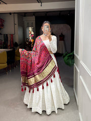 White Color Lucknowi Paper Mirror Work Georgette lehenga Choli With  Patola Print Dupatta