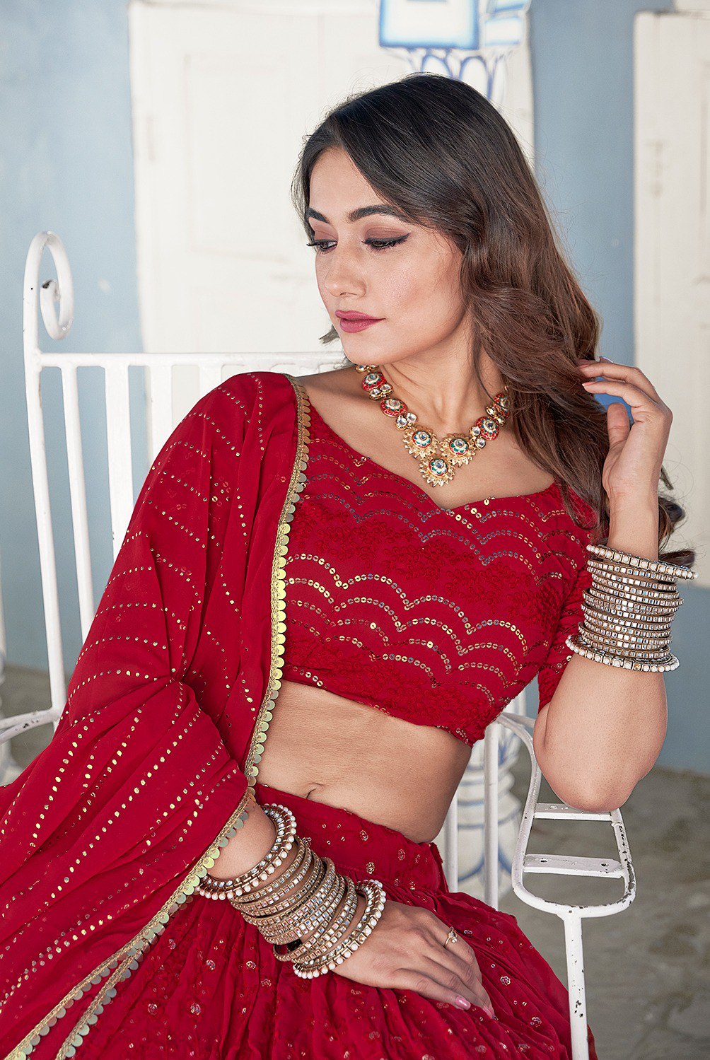 Red Color  Sequins Embroidery Work Georgette Lehenga Choli