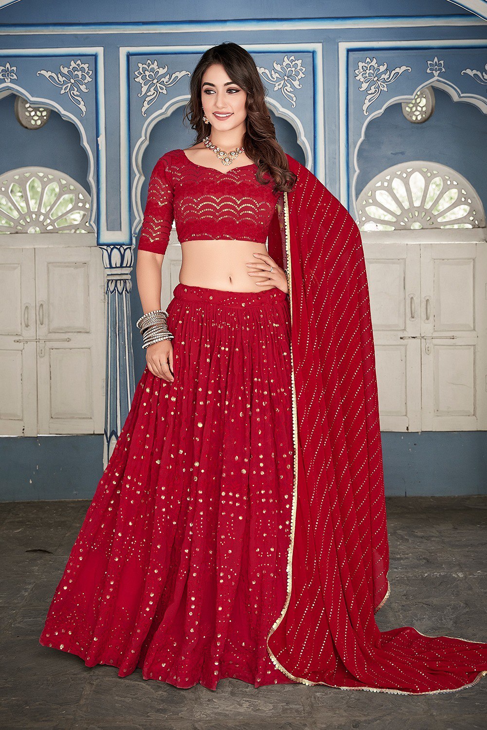 Red Color  Sequins Embroidery Work Georgette Lehenga Choli