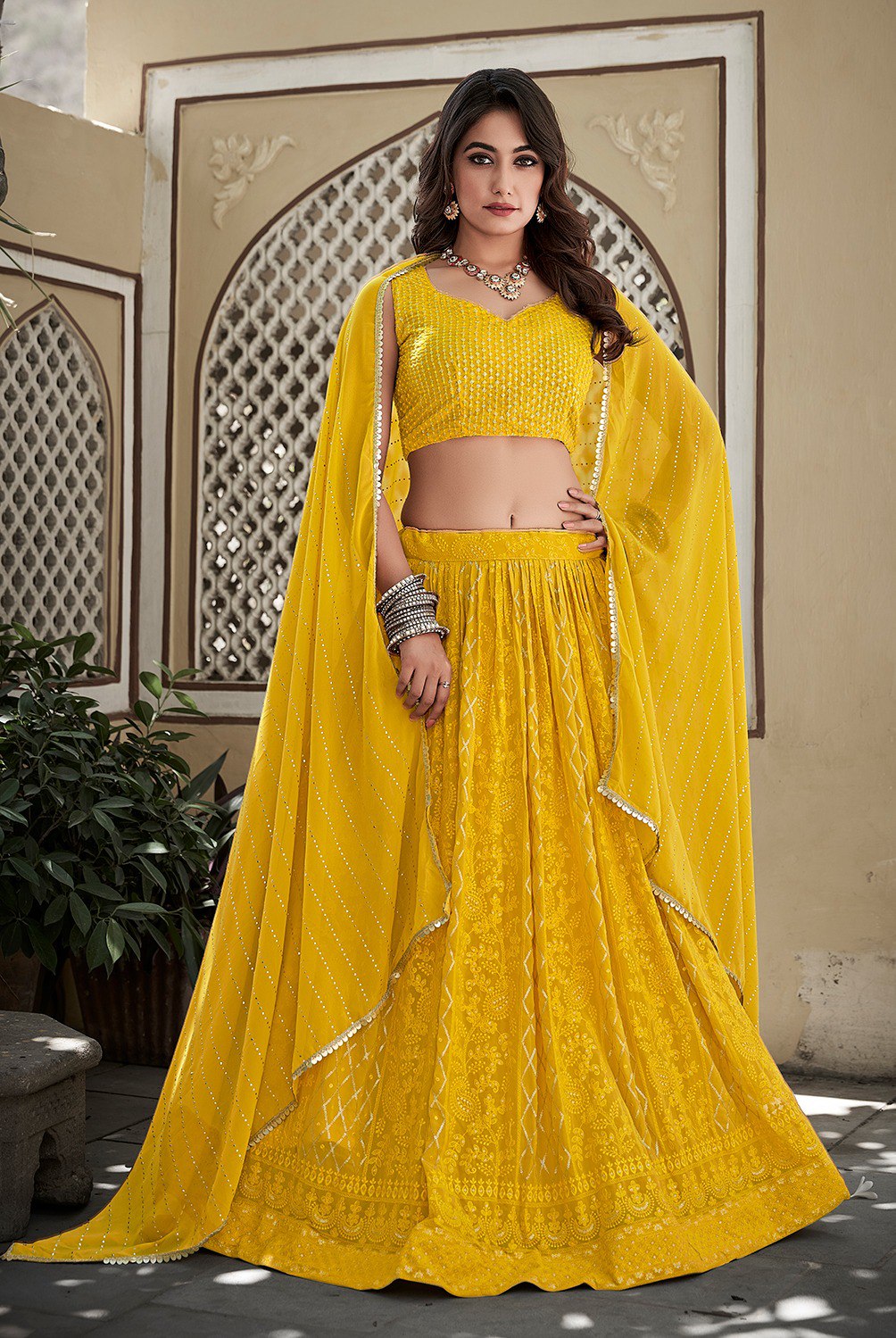 Yellow Color  Sequins Embroidery Work Georgette Lehenga Choli