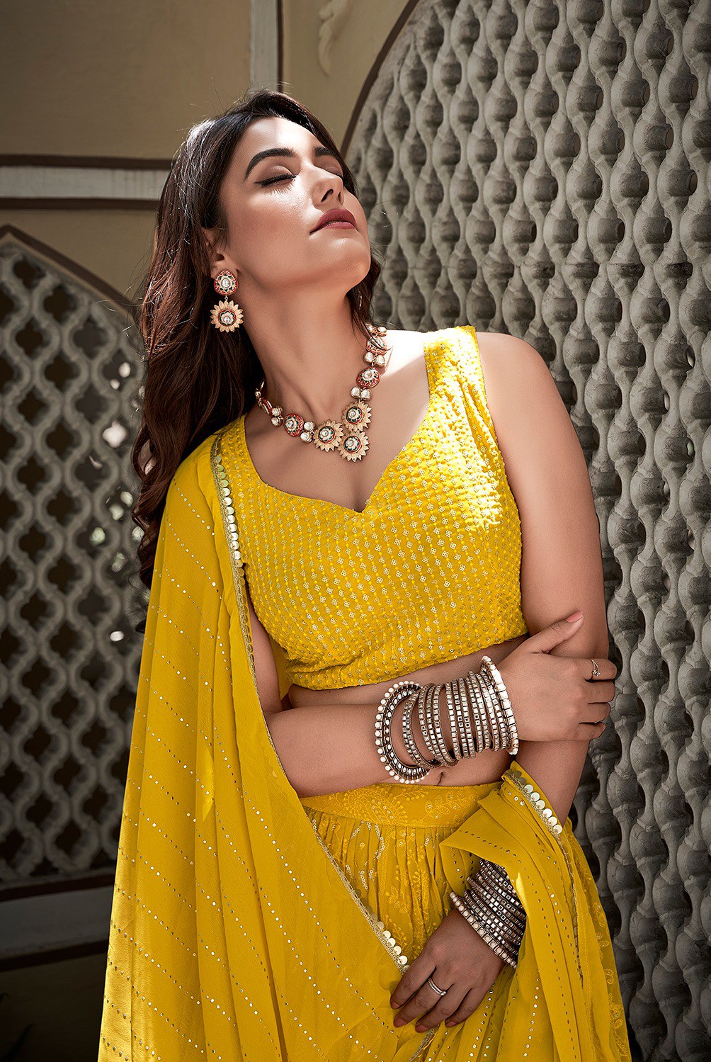 Yellow Color  Sequins Embroidery Work Georgette Lehenga Choli