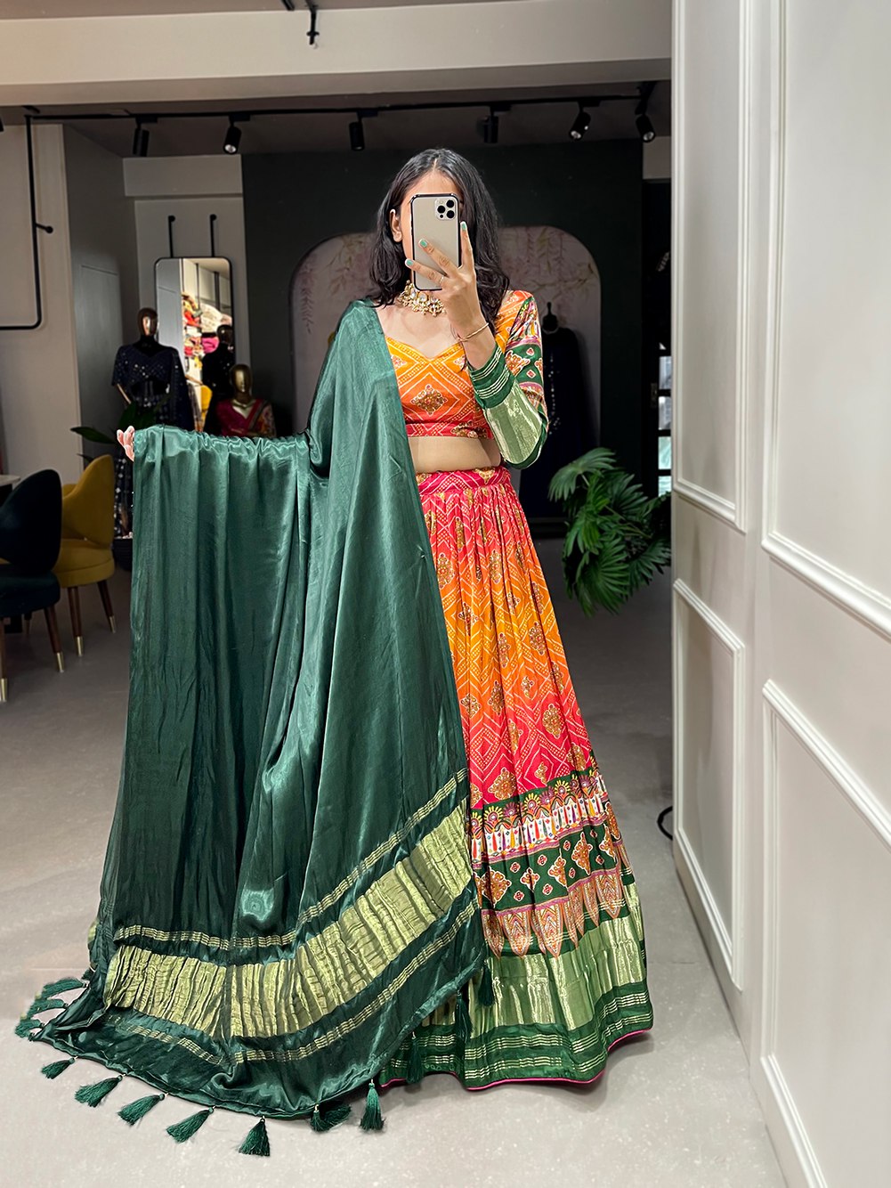 Navratri Special Green Lehenga Choli With Printed Butter Silk Material and glued Mirror Work
