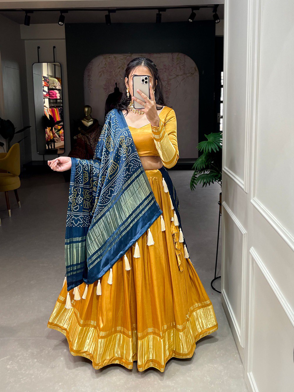 Musted Color Dyeing With Lagdi Patta Gaji Silk Lehenga Choli