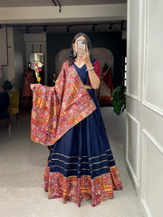 Navy Blue Digital Printed Cotton Lehenga Choli