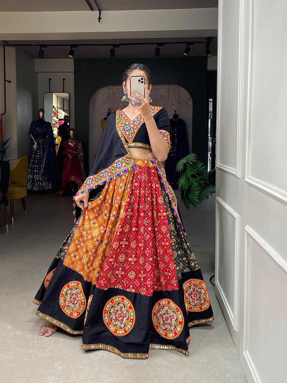 Multi Color Printed With Gamthi Work Cotton Lehenga Choli