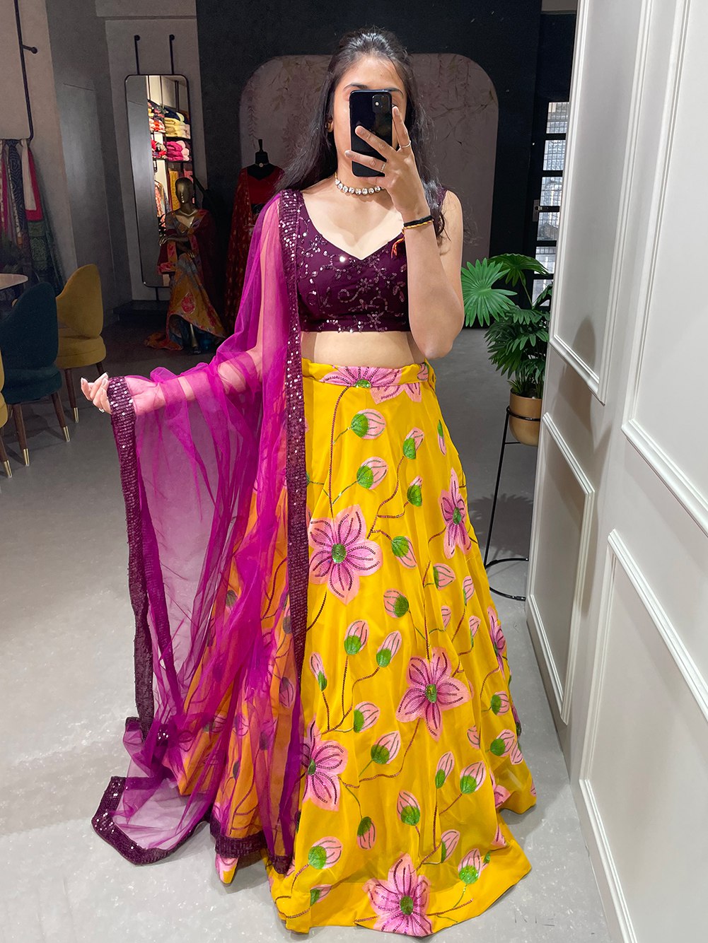 Yellow Color Sequins And Thread Embroidery Work Georgette Co-Ords Set Lehenga