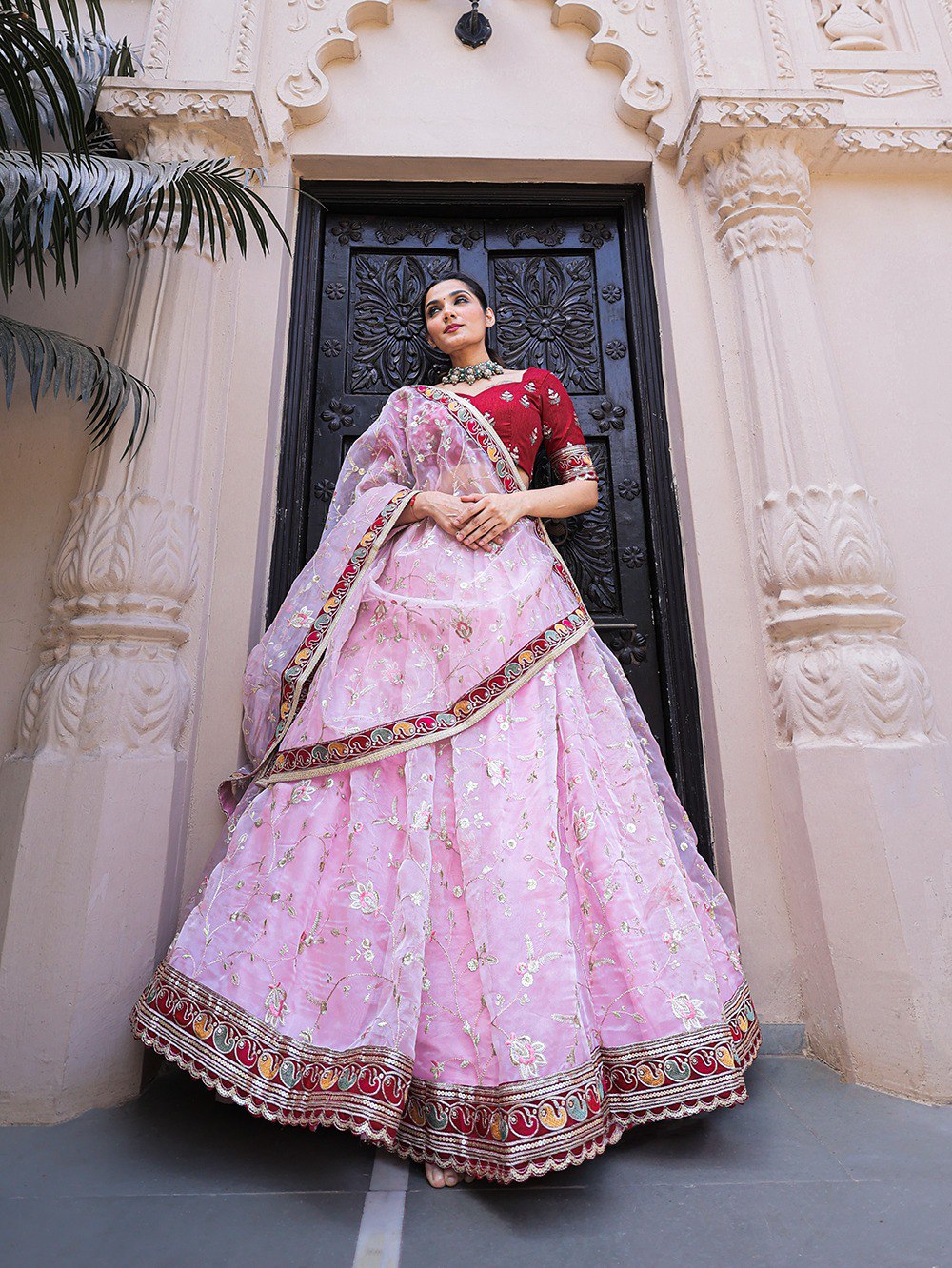 Light Pink Color Thread Embroidery Work With Lace Border Organza Lehenga Choli