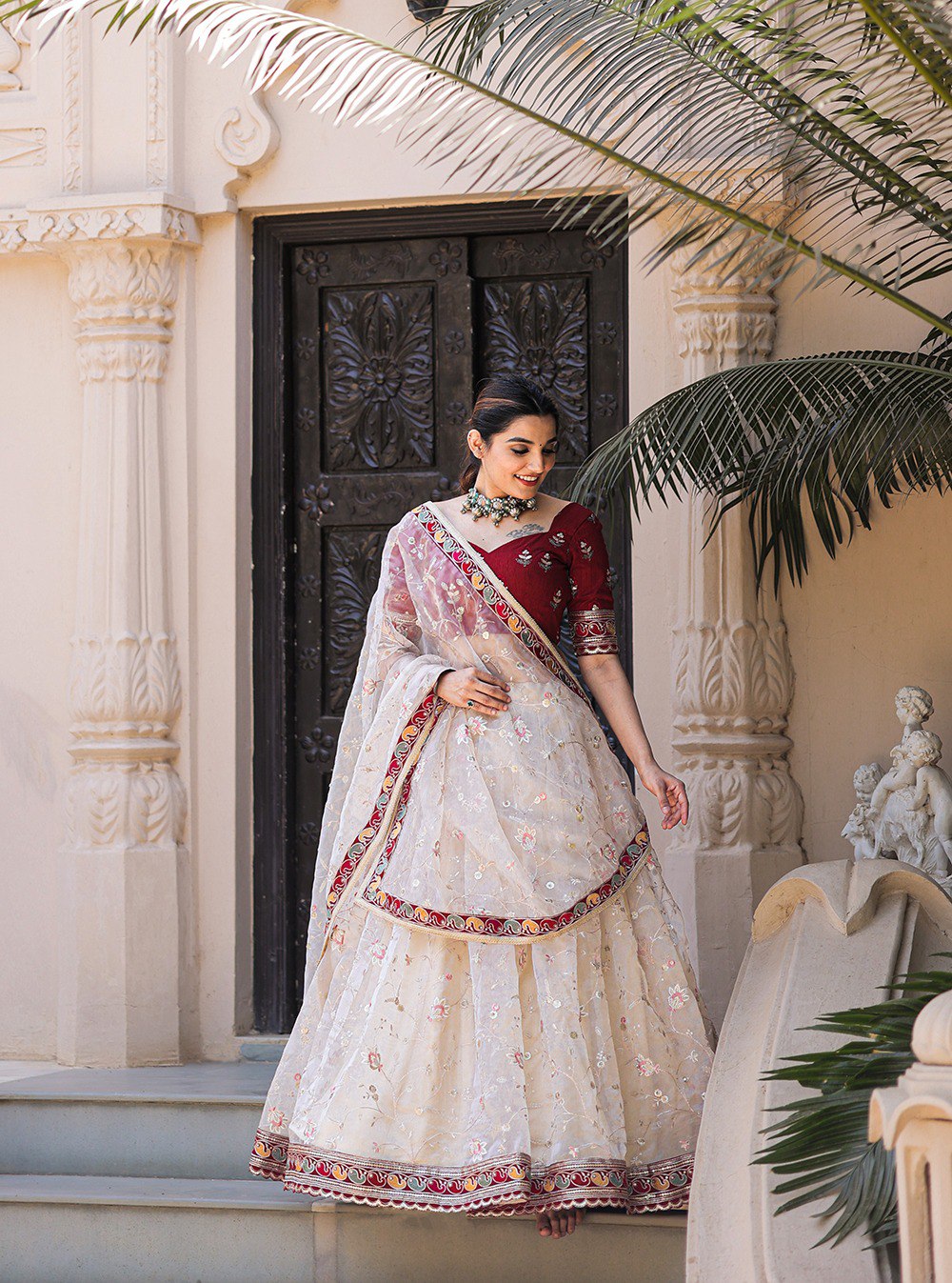 Off White Color Thread Embroidery Work With Lace Border Organza Lehenga Choli