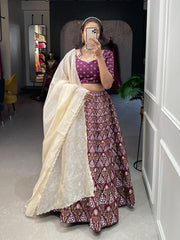 Wine Color Aada Slub Silk Foil Printed Lehenga Choli With Chanderi Dupatta