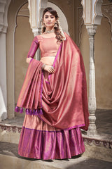 Peach Color Zari Weaving Work Jacquard Silk Lehenga Choli