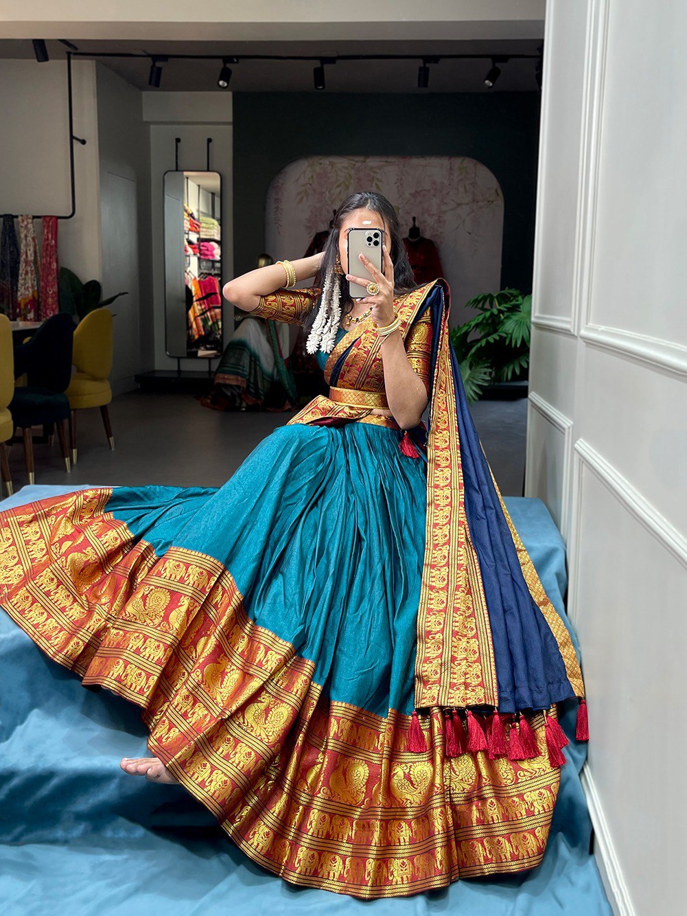 Firozi Color Zari Weaving Work Narayan Pet Kollam Pattu Lehenga Choli
