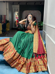Green Color Zari Weaving Work Narayan Pet Kollam Pattu Lehenga Choli