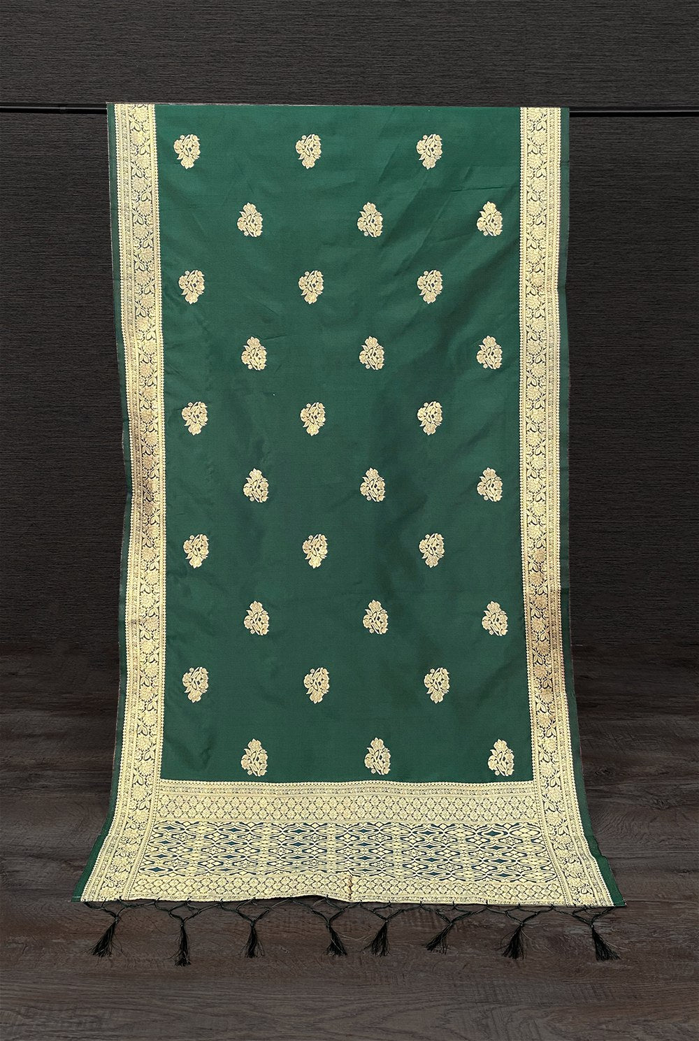 Green Color Weaving Zari Work Jacquard Silk Dupatta With Tassels