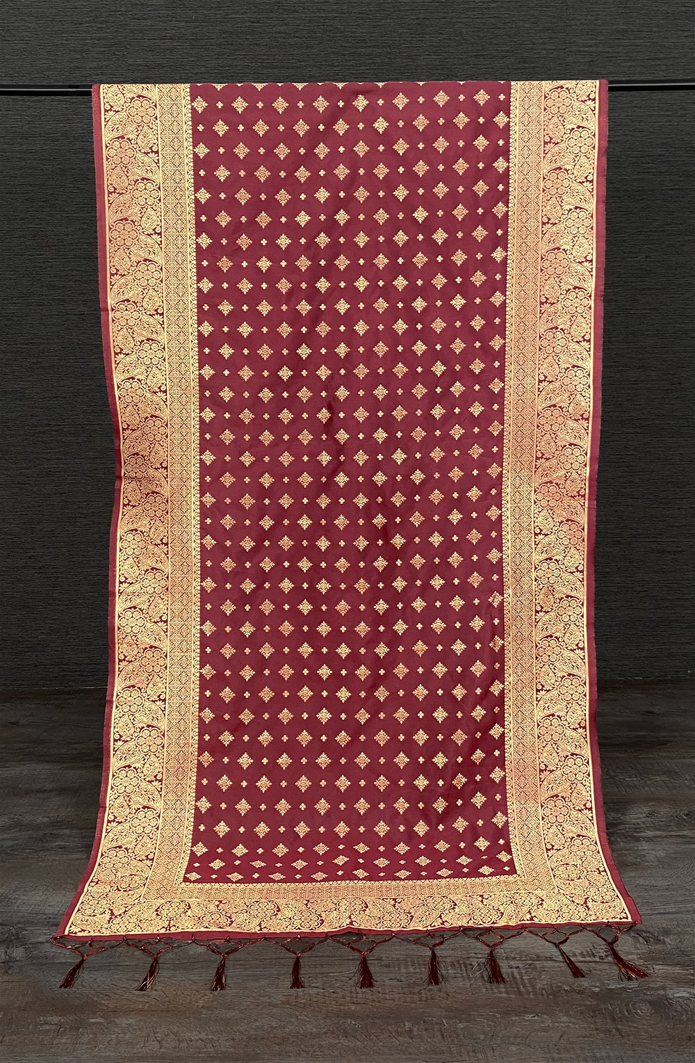 Maroon Color Weaving Zari Work Jacquard Silk Dupatta With Tassels