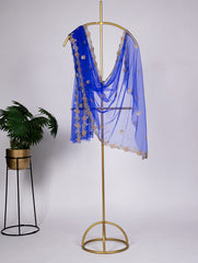 Blue Color Embroidery Cut Work and Stonework Net Dupatta
